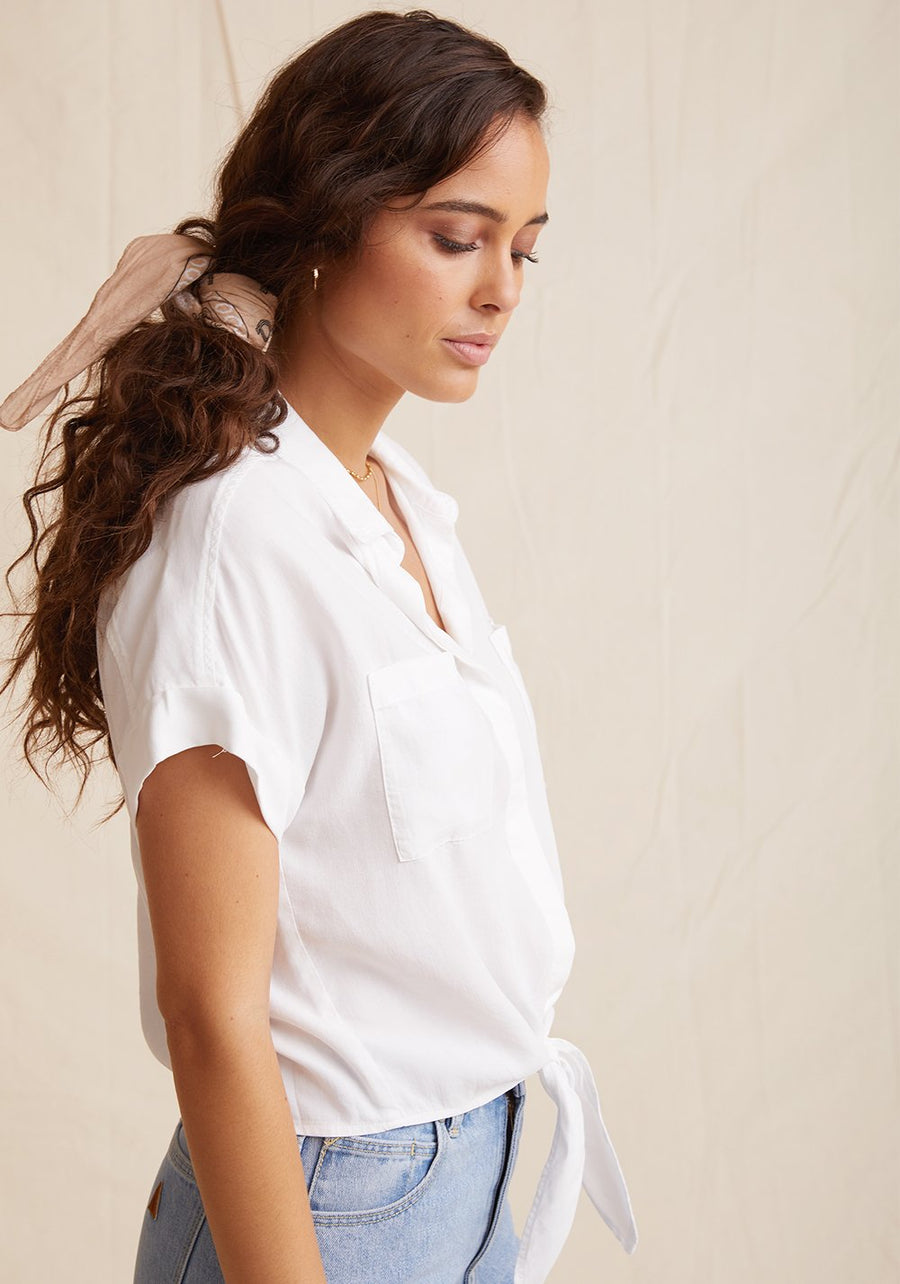 BELLA DAHL Cap Sleeve Tie Front Shirt in White